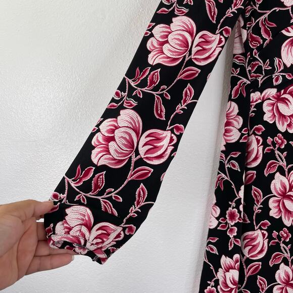 Pink Floral Front Twist Midi Stretch Textured Dress Romantic 90s Career Wear - Picture 6 of 12